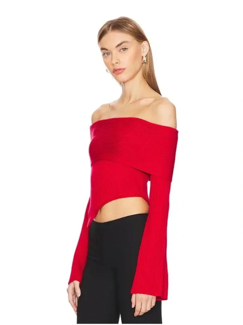 LOBA REVOLVE TAZ OFF THR SHOULDER SWEATER Small Loyal Red Ribbed Knit Scarf